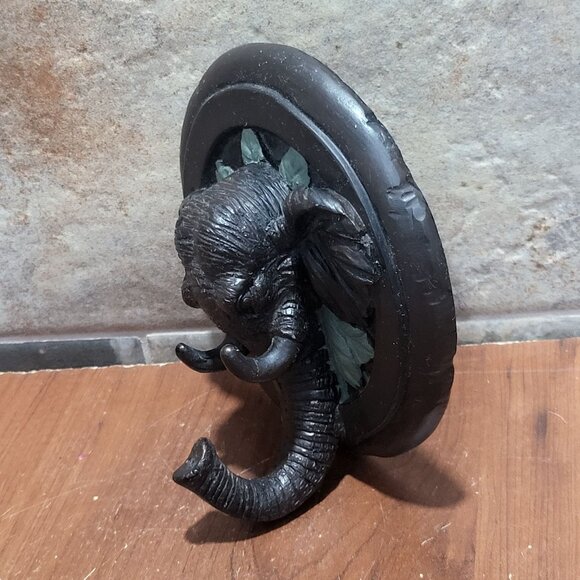 Ceramic Elephant Head Hanging Wall Hook Black Green Leaf Accents - Picture 7 of 10